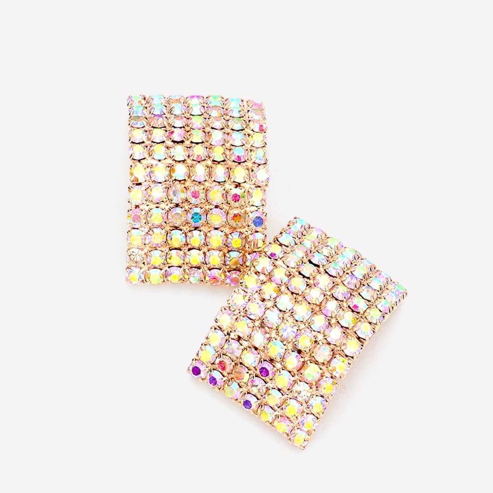 Gold Rectangular Rhinestone Huggie Evening Statement Earrings